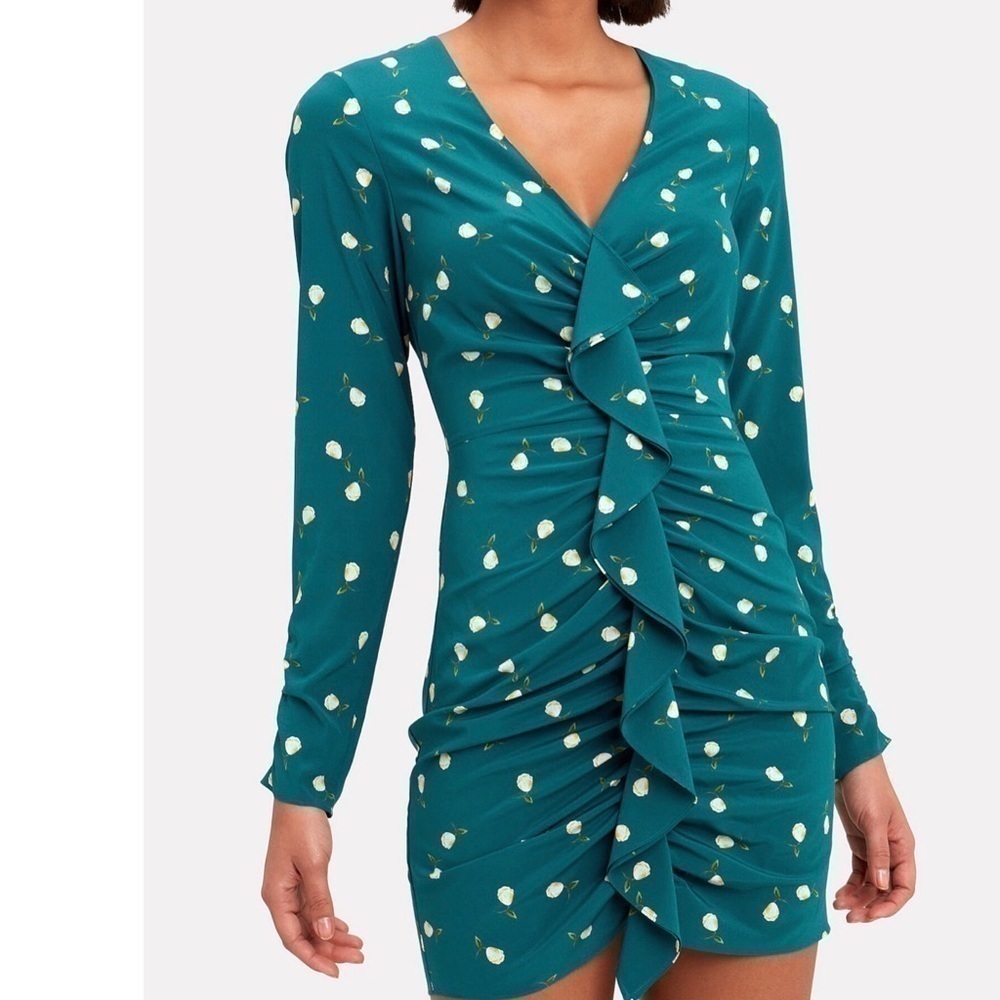 INTERMIX NWT Teal Floral Ruched Mini Dress Size 4 | Long Sleeve women’s juniors